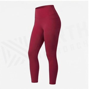 High Waist Ankle-Length Yoga Pants With <b>Pockets</b> Solid Red Seamless Four-Way Stretch Spandex Polyester Women's <b>Leggings</b> - Product Image 3