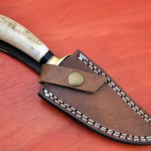 Couteau à lame fixe en acier Damas, couteau de chasse à pointe tombante, épaisseur de 0,6 mm, manche en ivoire, finitions dorées - Product Image 4