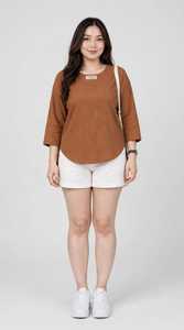 Oneten <b>Women</b> Casual Solid Brown Crew Neck Top And <b>White</b> <b>Shorts</b> Set 2 Piece Loose Fit Outfit - Product Image 1
