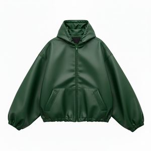 Hoodie en cuir grande taille à épaules tombantes, couleur bordeaux, style motard, sportswear, fermeture éclair, hip-hop, hoodies en cuir japonais - Product Image 5