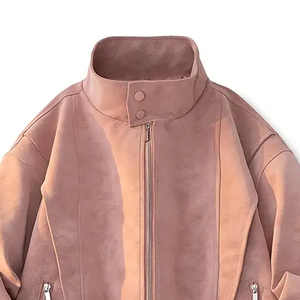 Women`s Pink PU Leather Bomber <b>Jacket</b> Stand Collar Zipper Closure Casual Streetwear Regular Fit Solid Color <b>Suede</b> Style <b>Jackets</b> - Product Image 4