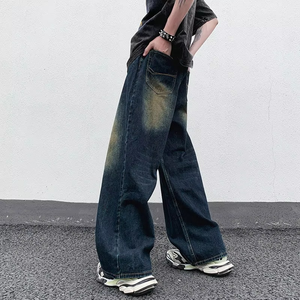 Vaqueros de mezclilla de pierna ancha con efecto desgastado, cintura alta, ajuste holgado, de algodón, estilo urbano, pantalones para hombre con estampado, moda de primavera - Product Image 4