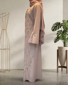 Dusty Rose Long Loose Fit Vine Embroidered Polyester Abaya Dress with Buttoned Detail - Product Image 2