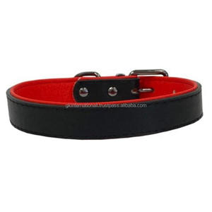Collar de perro de cuero genuino negro importado 100% para mascotas de todos los tamaños, acolchado rojo de lujo ultra suave cosido y hardware de níquel negro - Product Image 5