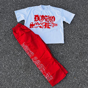 Ensemble deux pièces pour homme avec logo personnalisé, t-shirt à capuche surdimensionné et pantalon de survêtement, tenue décontractée d'hiver, motif à carreaux, jersey à séchage rapide - Product Image 2