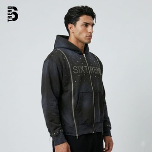 Sweat à capuche personnalisé Y2K avec strass pour homme, multi-zips, délavé à l'acide, streetwear, épais 400 g/m², effet vieilli, vintage, 100 % coton - Product Image 4