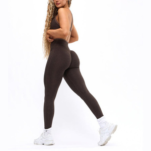 Ensemble de yoga pour femmes, taille haute, en spandex et polyester, sans couture, avec crop top dos nageur à col en V et leggings longs, tenue d'entraînement deux pièces - Product Image 4