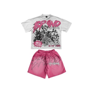 Wholesale Breathable Summer T-Shirt <b>Set</b> Brand Streetwear T-Shirt <b>Set</b> Men's Cotton Printed Tee & Shorts Summer Casual Outfit Red - Product Image 3