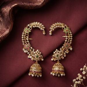 Traditional Imitation Antique Style Kundan <b>Ear</b> <b>Cuff</b> Jhumka <b>Earrings</b> With Ruby Green Stones Pearl Drop For Women - Product Image 1