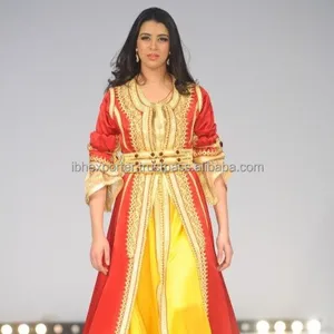 Saudi Arabian Princess Royal Luxury Two Piece Kaftan With Red and Yellow Combination With Golden Lace Work and Stone Work Belt