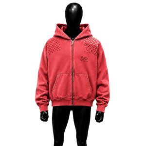 RED WASHED STUDDED ZIP UP <b>HOODIE</b> MEN <b>OVERSIZED</b> STREETWEAR FULL ZIP SWEATSHIRT BLACK <b>WHITE</b> CROSS EMBELLISHED SHOULDER DESIGN VINT - Product Image 1