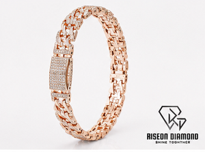 18K Rose Gold Luxury <b>Mens</b> Diamond Link Bracelet Pave Lab Grown Stones Fully Studded Rectangular Plate Clasp Designer Wristband - Product Image 5