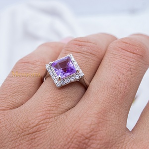 Wholesale 925 Solid <b>Sterling</b> <b>Silver</b> Natural Princess Cut Amethyst CZ Halo Prong <b>Set</b> <b>Ring</b> Fine Jewelry Memoria Jewels - Product Image 3