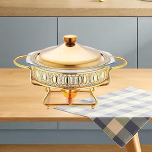 Plat à chafing doré orné avec base en verre, chauffe-plat rond décoratif pour buffets, idéal pour l'accueil de luxe à domicile et les événements royaux - Product Image 1