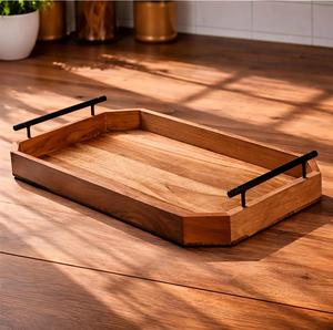 Bandeja de Servir Rústica de Madera Maciza con Asas Negras Mate, Bandeja Otomana de Madera, Organizador Moderno Rústico para Mesa de Centro - Product Image 4
