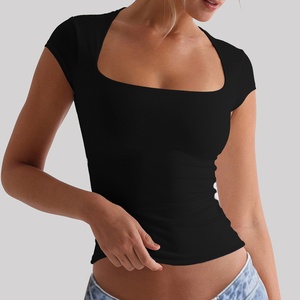 Top Corto Rosa para Mujer, Manga Corta, Cuello Cuadrado, Ajustado, Tejido de Punto, Spandex y Algodón, Casual, Primavera Verano, Color Sólido - Product Image 5