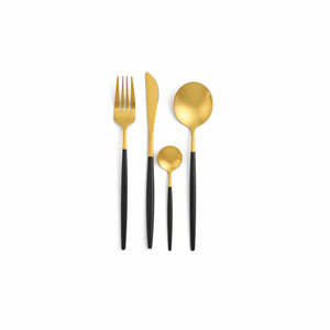 Ensemble de couverts de luxe 4 pièces en acier inoxydable doré et noir, finition miroir moderne, style nordique, pour mariage et table. - Product Image 4