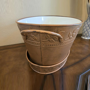 Rustic Copper & White Embossed Leaf Oval Beverage Tub With Matching Tray Enamel Interior Party Supply Wedding & Party Tableware - Product Image 4