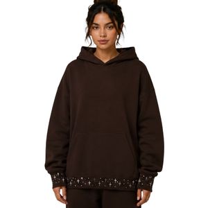 Sweat-shirt décontracté d'hiver pour femme, coupe oversize, marron foncé, avec ourlet croisé orné de strass, en molleton de coton premium - Product Image 1