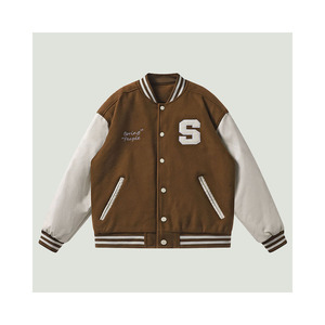 <b>Men's</b> Brown Varsity <b>Jacket</b> With White Sleeves Embroidered <b>Letter</b> S And Boring People Text Preppy Style Autumn Wear - Product Image 1