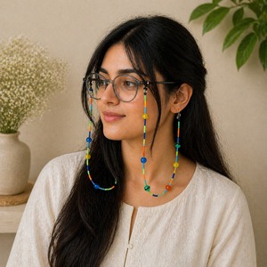 Cordon de lunettes antidérapant en polyester flexible, motif floral coloré et perles, 70 cm - Product Image 1
