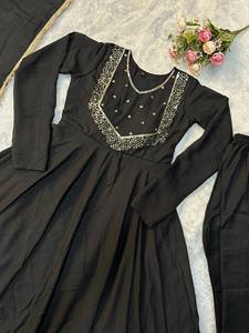 TENNECY Embroidery Lunching New Designer Party Wear Gown with Pant Quick Dry Wrinkle Free Reversible <b>Ankle</b>-Length - Product Image 5