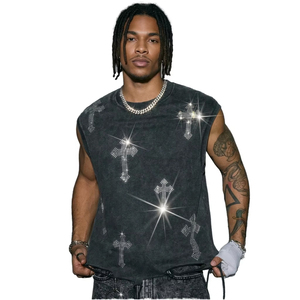 Camiseta sin mangas con gráfico de diamantes de imitación para hombre, estilo streetwear con lavado ácido, logotipo personalizado, fábrica OEM - Product Image 1
