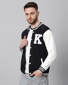 <b>Men's</b> Black And <b>White</b> Varsity <b>Jacket</b> Regular Fit Preppy Style Pullover Cotton Polyester Blend Solid Color Turn-down Collar - Product Image 3