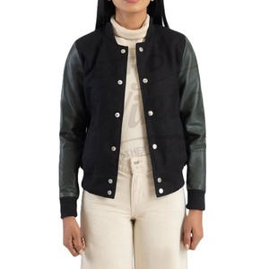 Women Black Wool and Real <b>Leather</b> Varsity <b>Jacket</b> Slim Fit Letterman Bomber Coat Premium <b>Leather</b> Sleeves Winter Outerwear - Product Image 1