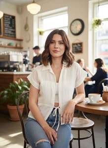 Camisa de Manga Corta con Cuello de Lazo en Mezcla de Lino, Tejido Transpirable de Alta Calidad, Prenda Versátil para Cualquier Guardarropa Contemporáneo - Product Image 2