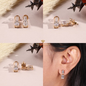 Boucles d'oreilles pendantes à double taille émeraude en diamant CVD cultivé en laboratoire, cadeau pour elle, or massif 14 carats, 2 TCW, couleur D, clarté VVS2, certifié IGI - Product Image 5