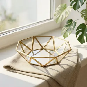 Artisan Design Brass Framed Geometric Glass <b>Storage</b> <b>Tray</b> Polygonal Minimalist Design Table Organizer Single Tier Jewelry TRA - Product Image 4