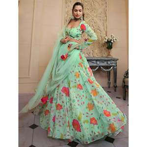 Ensemble Lehenga Choli en organza imprimé floral vert pour femmes avec dupatta - Product Image 6