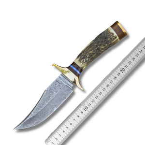 Cuchillo de caza A&M Enterprises de acero de Damasco con punta caída, mango de asta de ciervo, funda de cuero para exteriores, utilitario, Skinner - Product Image 4