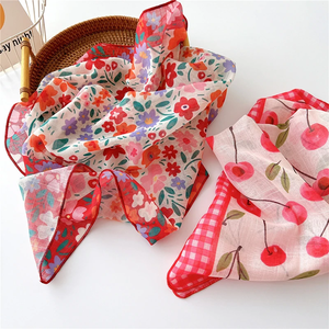 Foulard imprimé floral pour femmes, écharpe carrée coréenne en coton et lin, foulards élégants pour le cou, petits foulards bandana, foulards pour la tête, 58x58 cm - Product Image 4