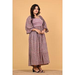 Robe maxi en coton indien à imprimé floral pour femmes, robe de soirée d'été à manches longues smockées, robe longue faite à la main - Product Image 4