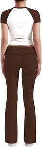 Pantalon de survêtement taille haute à jambes larges et haut court de yoga à manches courtes pour femme, ensemble de sport uni avec taille élastique - Product Image 3