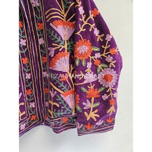 Chaqueta Blusón de Terciopelo Morado con Bordado Floral, Cuello Mao, Manga Larga, para Otoño - Product Image 5