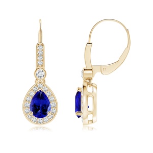 Pendientes de Oro Sólido de 14K con Zafiro Azul Pera y Diamantes en Halo, Tipo Leverback, Venta al por Mayor, Fabricante de Joyería Fina OEM ODM - Product Image 1
