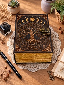 Herb Heritage Large Hardcover Leather Grimoire Tree <b>Life</b> Notebook Celestial Spell <b>Book</b> Sewing Bound Water Color Vintage Old Page - Product Image 5