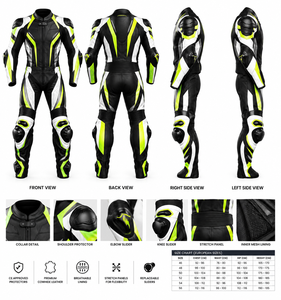 Combinaison de course moto pour homme à manches longues en polyester/coton, noire, blanche, vert fluo, colorée, respirante, toutes saisons, protectrice - Product Image 4