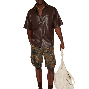 Men's Brown Faux Leather Short Sleeve Casual <b>Shirt</b> With <b>Button</b> Closure And Chest Pockets Turn-down Collar - Product Image 2
