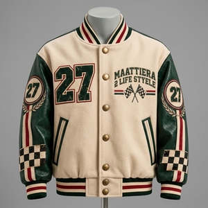 <b>Men</b> <b>Cream</b> Letterman <b>Jacket</b> Green Leather Sleeves Racing Car Graphic Embroidered Design Snap Front Ribbed Streetwear - Product Image 5
