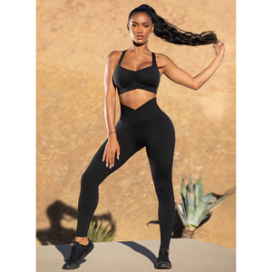 Nouvel ensemble de fitness 2 pièces pour femme, taille haute, avec leggings sculptants et soutien-gorge, poches, couleur unie, collection Custom Darkest Night OEM, idéal pour le yoga - Product Image 5