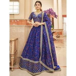 Belle tenue de réception en organza imprimé numérique bleu Lehenga Choli - Product Image 1