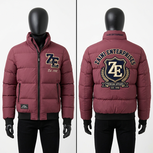 Mens <b>Puffer</b> <b>Jacket</b> 100 Percent Polyester 300 GSM Quilted <b>Burgundy</b> Custom Chenille Patch Embroidery Woven Label OEM ODM - Product Image 1