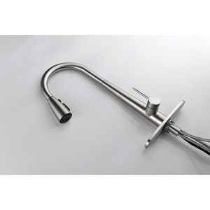 Rubinetto da cucina ad arco alto monocomando con doccetta estraibile, marca Mo, finitura nichel spazzolato, per lavello da cucina con piastra di base - Product Image 5