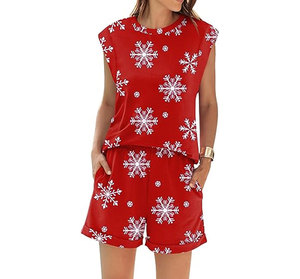 Conjunto de 2 piezas de pantalones cortos para mujer, sin mangas, cuello redondo, estampado de copo de nieve, rojo, informal, holgado, con bolsillo, conjunto de invierno - Product Image 3