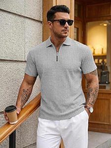 Mens Quarter <b>Zip</b> Polo <b>Shirts</b> Casual Summer Knit Textured Short Sleeve <b>Shirt</b> Beach Vacation Stretchy Golf <b>Shirts</b> - Product Image 2
