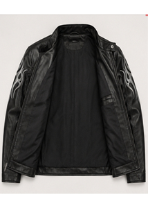 Chaqueta de Motocicleta Casual de Invierno para Hombre, de Piel de Oveja, Resistente al Viento, Impermeable, Transpirable y Ecológica, Color Negro Plata Flame American - Product Image 5